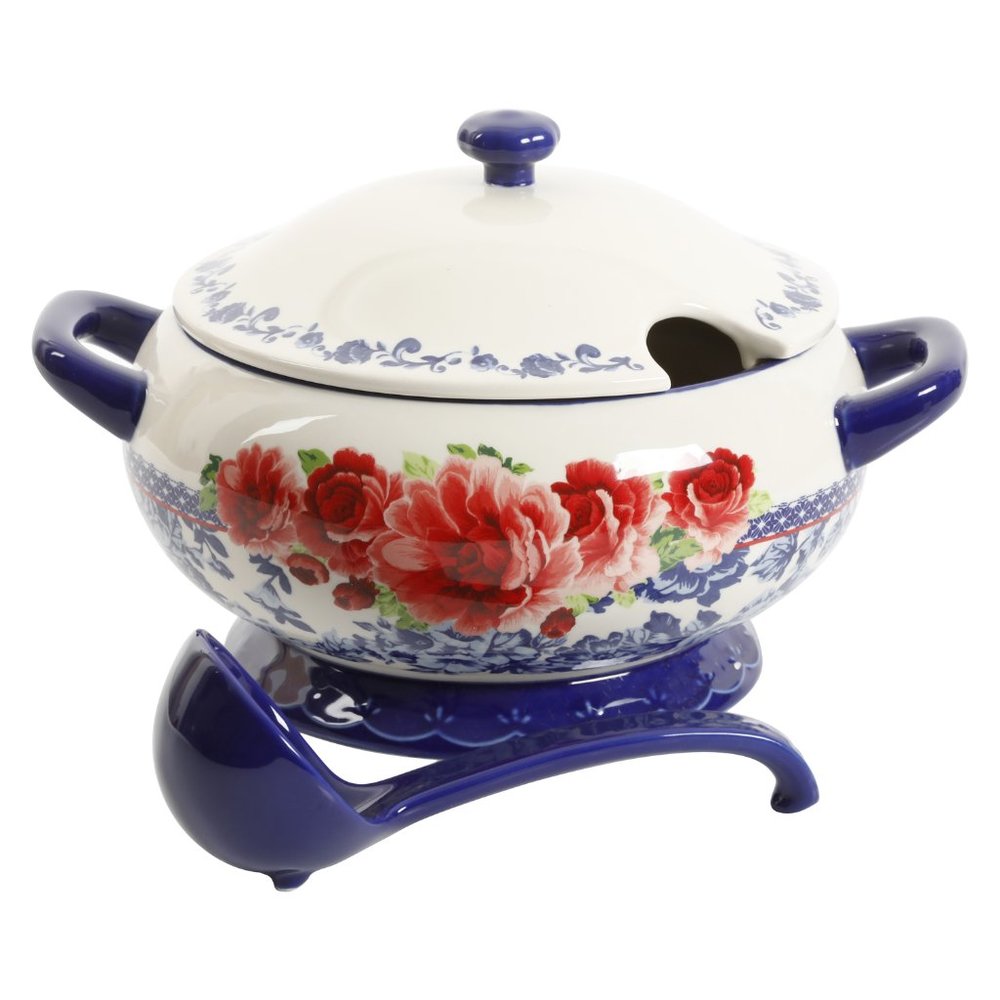 Pioneer Woman Frontier Rose Cobalt 3.17-Quart Soup Tureen with Ladle